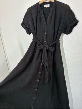 Xirena Dress Womens Small Black Short Sleeve Button Front Belted Maxi Cotton